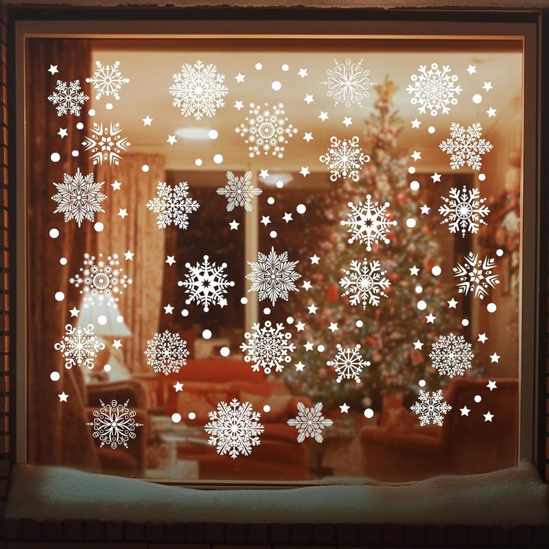 AHEONLAR 142PCS Christmas Window Static Cling Sticker, Snowflake Stickers Christmas Decorations, Waterproof Double-Sided Printed Xmas Window Clings Decals, Winter Stickers for Windows/Mirror/Fridge - Image 1